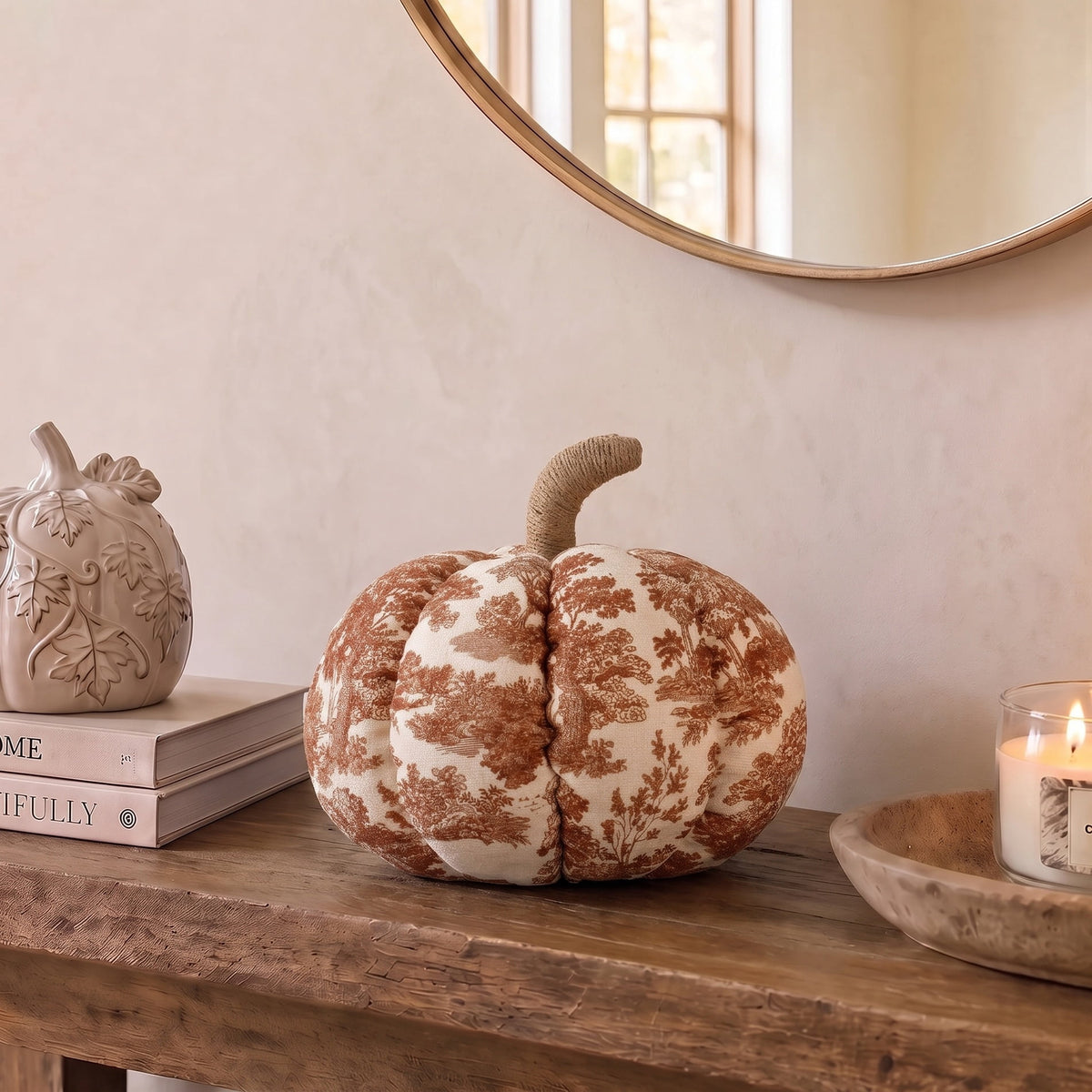 My Texas House Fall Forest Toile Pumpkin Decorative Pillow, Rust and Cream, 6"