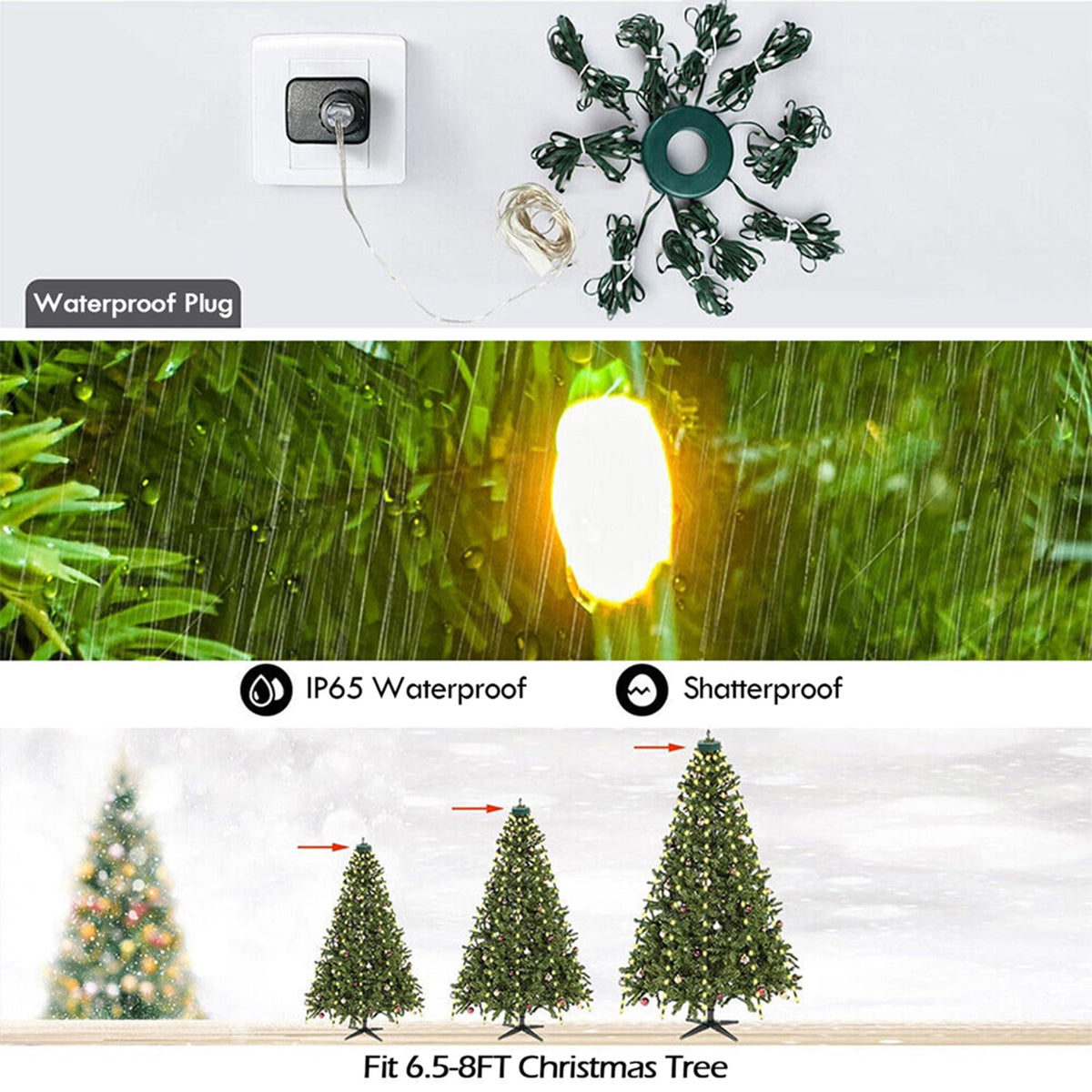 IC ICLOVER Christmas Tree String Lights Decorations with Ring Smart APP, 200 LED Waterfall Lights IP65 Waterproof Multi-Modes with Remote Color Changing Lights for Wedding Yard Party Home Holiday