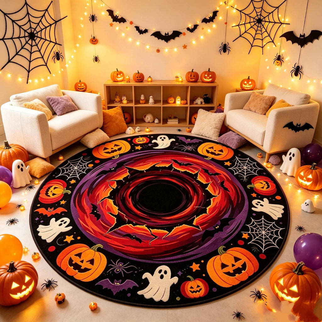 Halloween Round Rug Optical Ghost Pumpkin Mat 15.75in Diameter Polyester Skidproof & Soft for Entryway Bedroom Party by MPOISVA