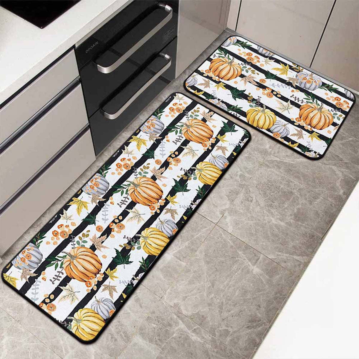 Decorative Kitchen Floor Mats Set of Two, Fall Theme Pumpkin Turkey Pattern Kitchen Rugs and Mats for Outdoor Indoor Kitchen Decor Halloween Thanksgiving Non-Slip Doormat