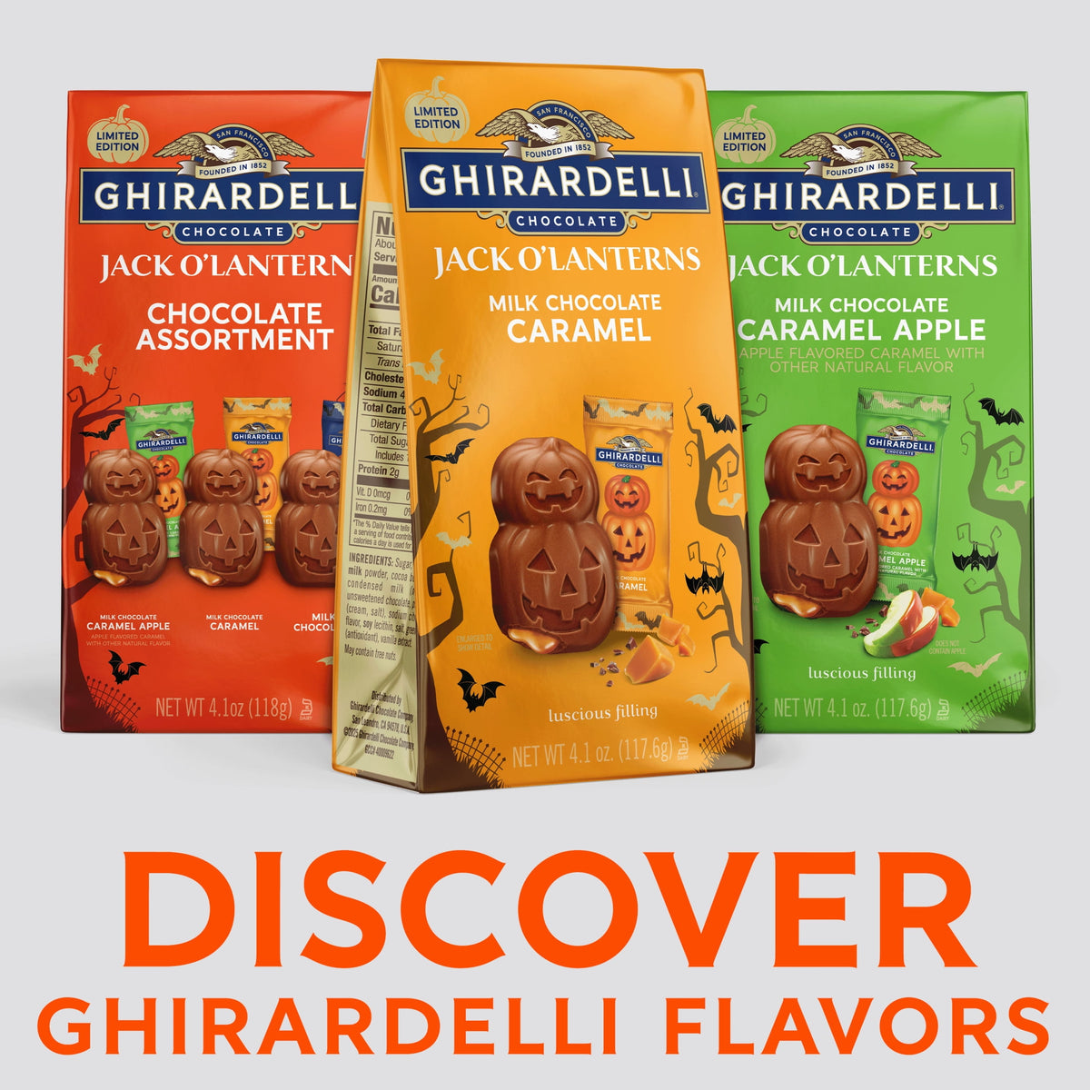 GHIRARDELLI Milk Chocolate Caramel Jack O' Lanterns, 4.1 oz Bag