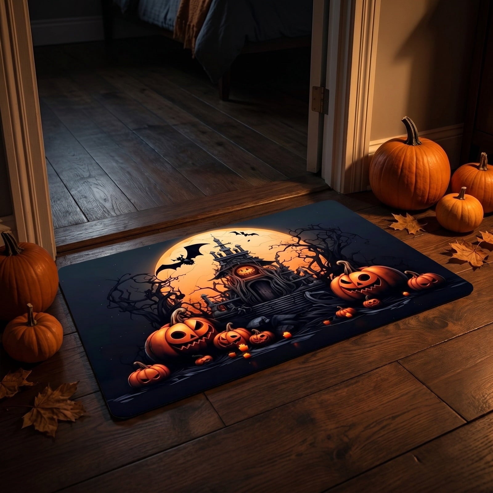 Halloween Themed Doormat Entryway Rug, Spooky Pumpkin Front Door Mat for Trick or Treaters, Non Slip Washable Mat for Indoor and Outdoor, Festive Halloween Floor Decoration for Home