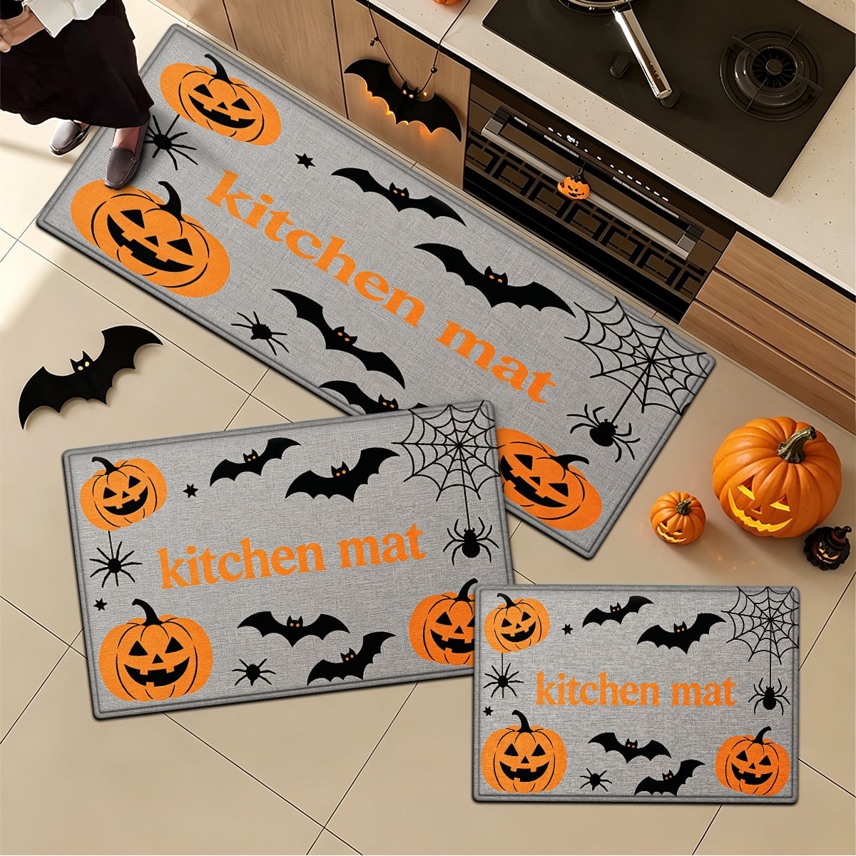 YIMEIS Halloween Pumpkin Lanterns 3Pcs Flannel Mat and Kitchen Rugs Set,Soft Non-slip,Perfect for Home Bathroom