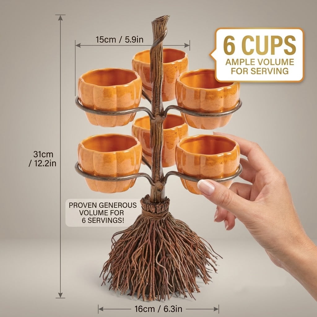 Diceymbol Halloween Pumpkin Snack Bowl Stand Collapsible Broomstick Candy Tray for Cupcakes & Desserts, Resin Serving Platter with Ceramic Pumpkin Bowls