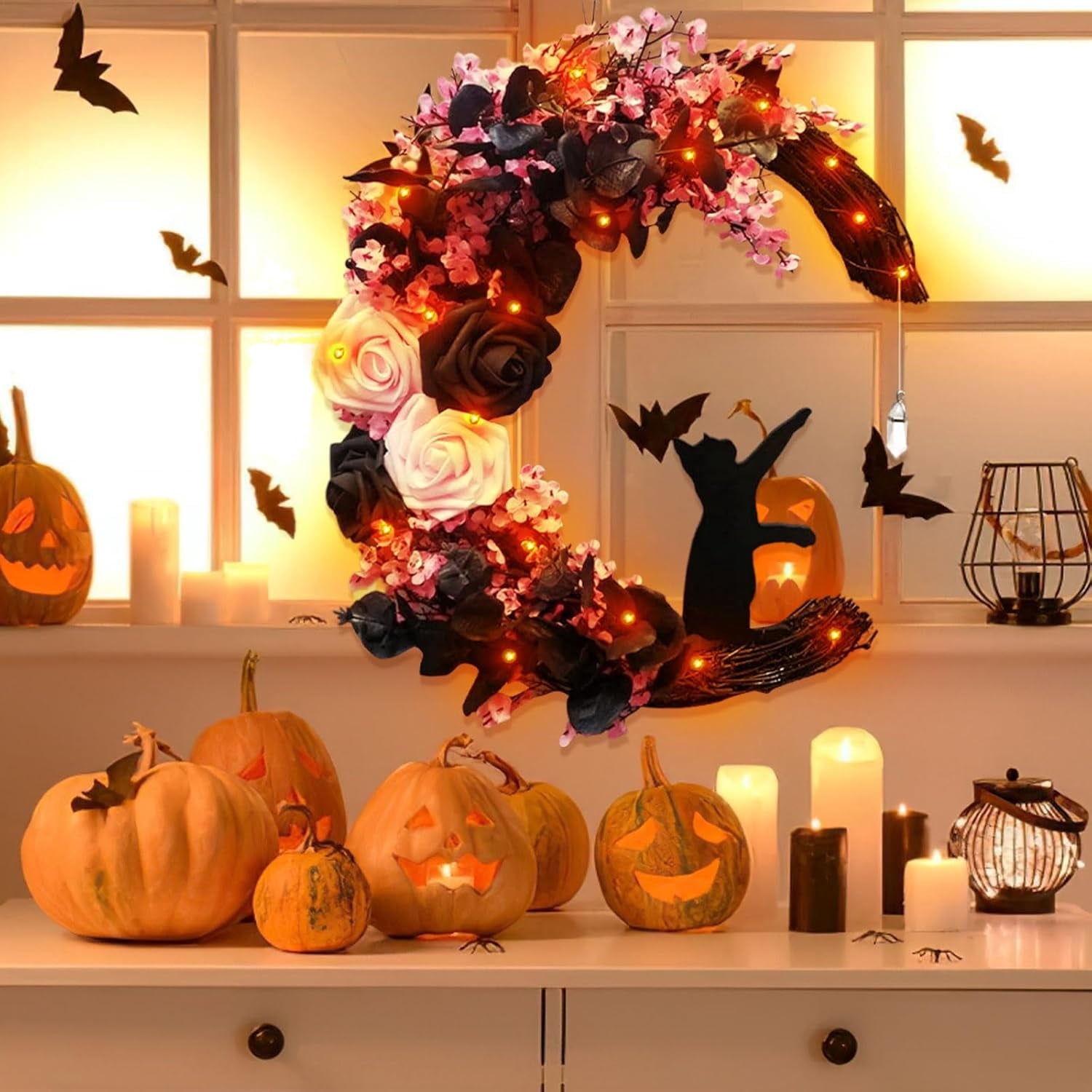 Halloween Wreaths For Front Door, Flower Moon Cat Halloween Home Decoration, Halloween Family Gathering Decoration Wreath，Outdoor, Wall, Closet, Fence, Wreath Halloween (Pink roses)