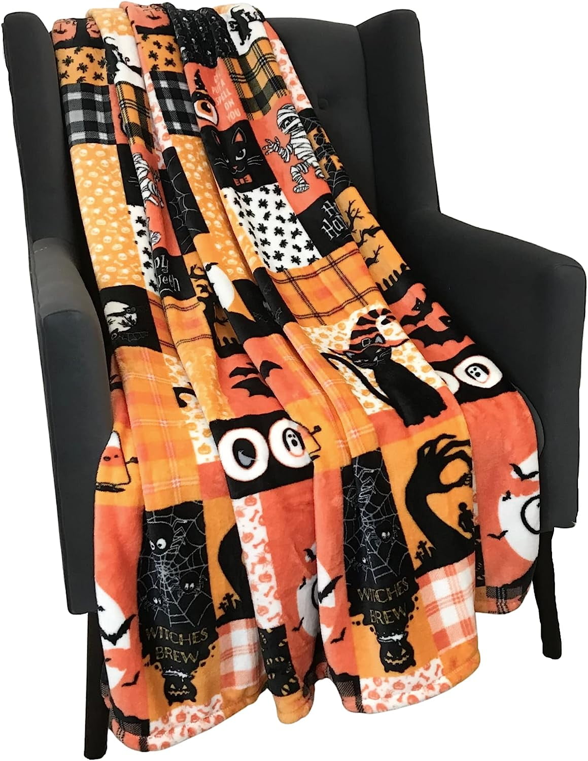 Serafina Home Halloween Throw Blanket: Fuzzy Boo! Jack O'Lantern Spider Webs Skull and Black Cats Print on Velvet Fleece for Sofa Bed Couch Chair Dorm
