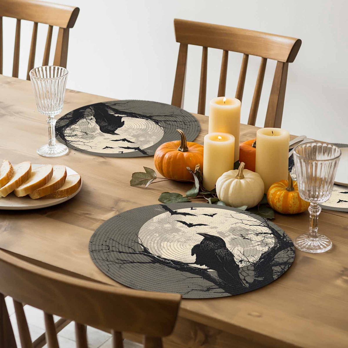 Halloween Round Placemats Set of 4 Black Crow Bats Place Mats Washable Woven Placemat Horror Moon Tree Branch Circle Braided Table Mat for Kitchen Dining Table Holiday Party Home Decor 15 Inch