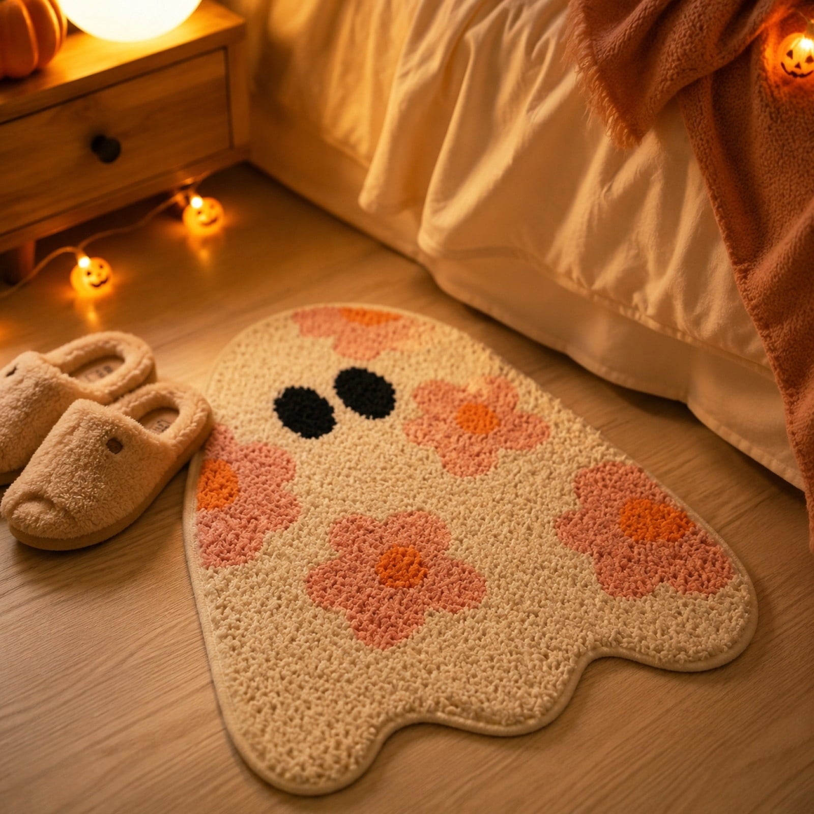Pink Ghost Shaped Halloween Bath Mat, Boho Vintage Floral Funky Halloween Bath Mat for Bathroom Aesthetic Decorations, Rugs Non-Slip Washable Multicolor