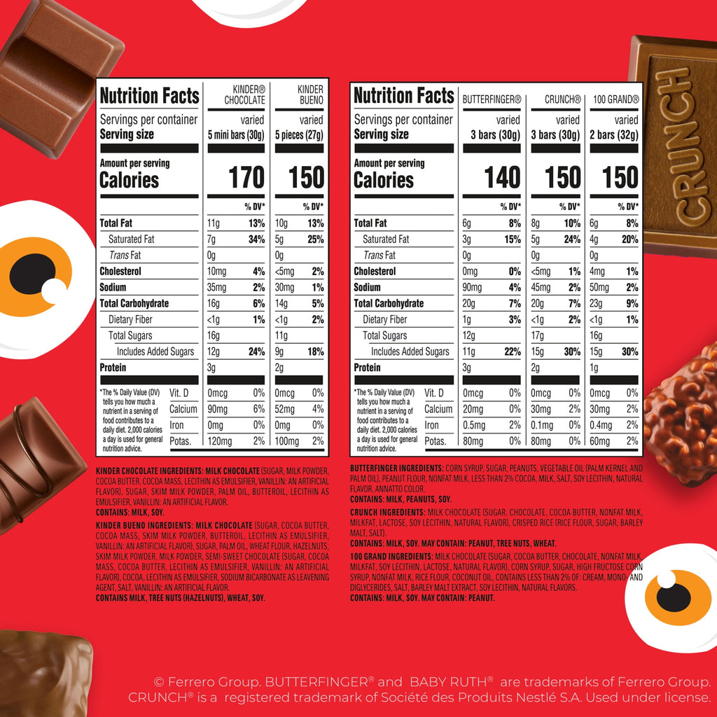 Butterfinger, CRUNCH, 100 Grand, Kinder Bueno, Kinder Chocolate, Minis Assorted Halloween Candy Bag, 100 Count, 32.2 oz