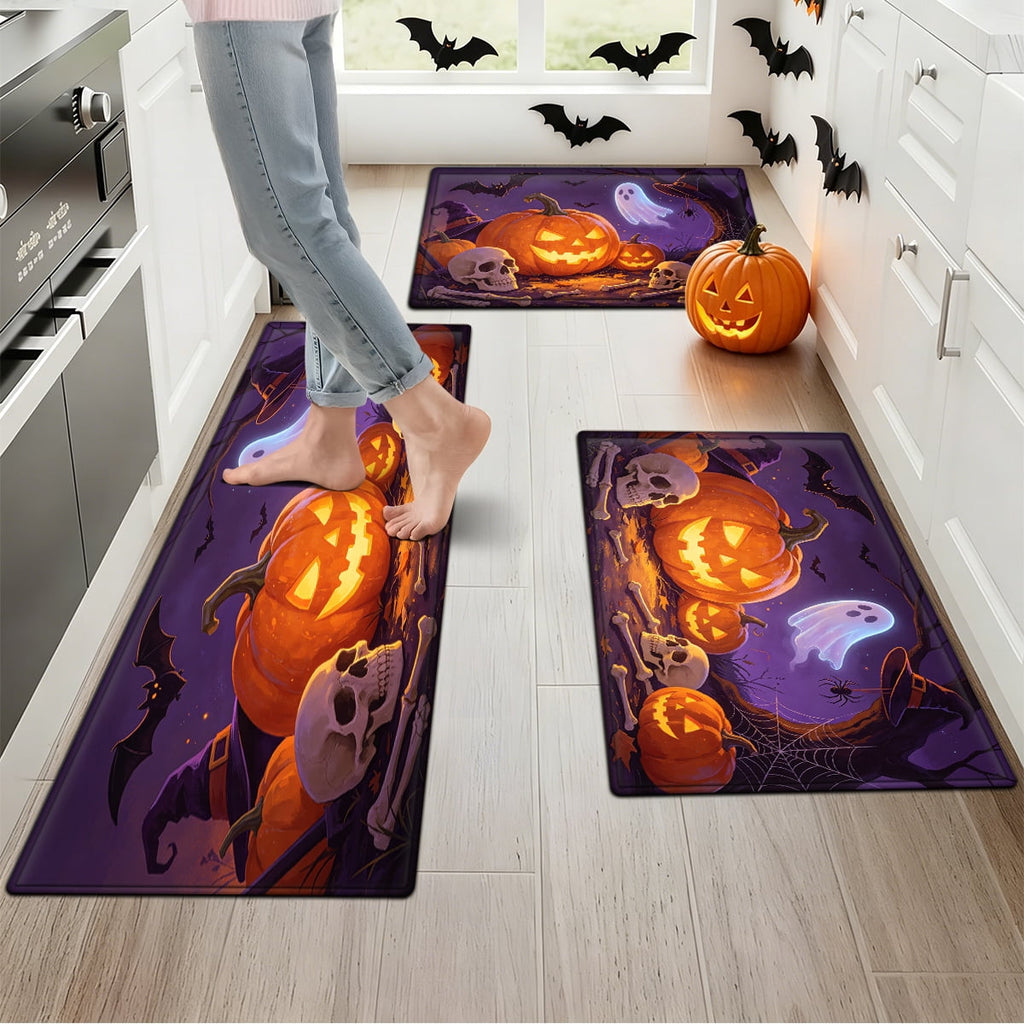 YIMEIS Halloween Pumpkin Lantern 3Pcs Flannel Mat & Kitchen Rugs Set,16''×24'' 20''×30'' 17''×47'' Inches,Soft Non-slip for Home Bathroom