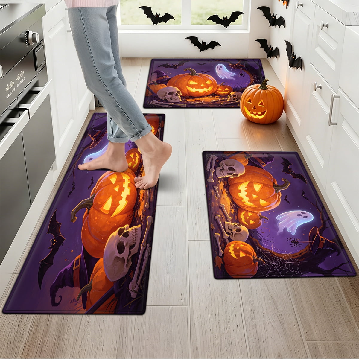 YIMEIS Halloween Pumpkin Lantern 3Pcs Flannel Mat & Kitchen Rugs Set,16''×24'' 20''×30'' 17''×47'' Inches,Soft Non-slip for Home Bathroom