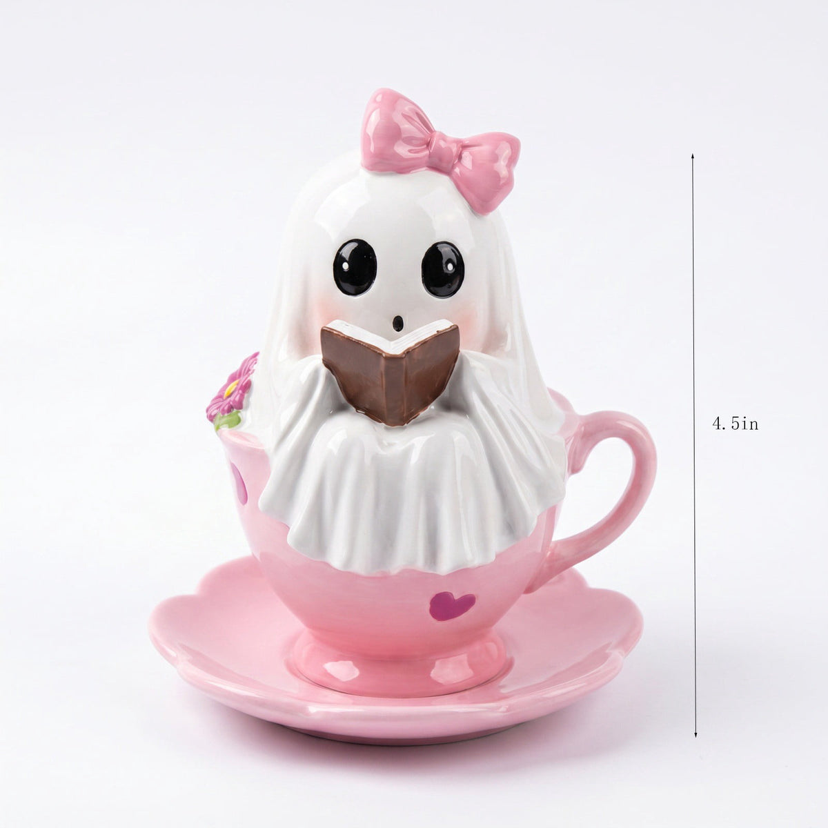 Cute Reading Ghost in Teacup Figurine, Resin Ghost Statue with Pink Bow Heart Floral Cup, Table Centrepiece Tiered Tray Desk Shelf Decor, Small Halloween Decorations, 4.5 Inch