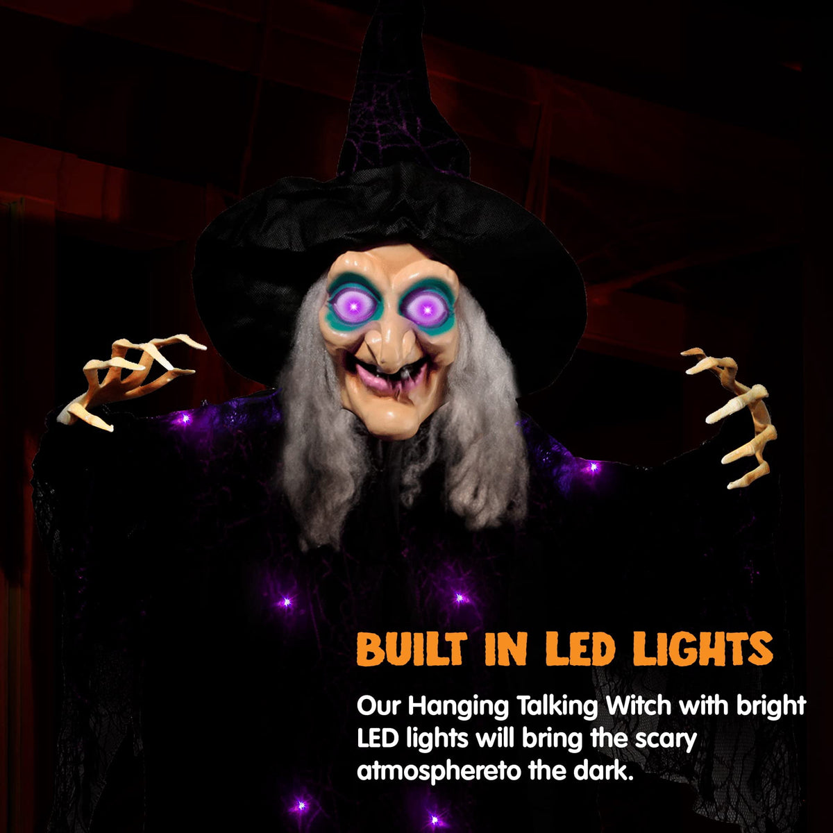 Joyfy 6ft Halloween Witch Decoration,Outdoor Scary Halloween Animatronic Hanging Witch with Light Up Eyes and Sound Decoration for Halloween Outdoor