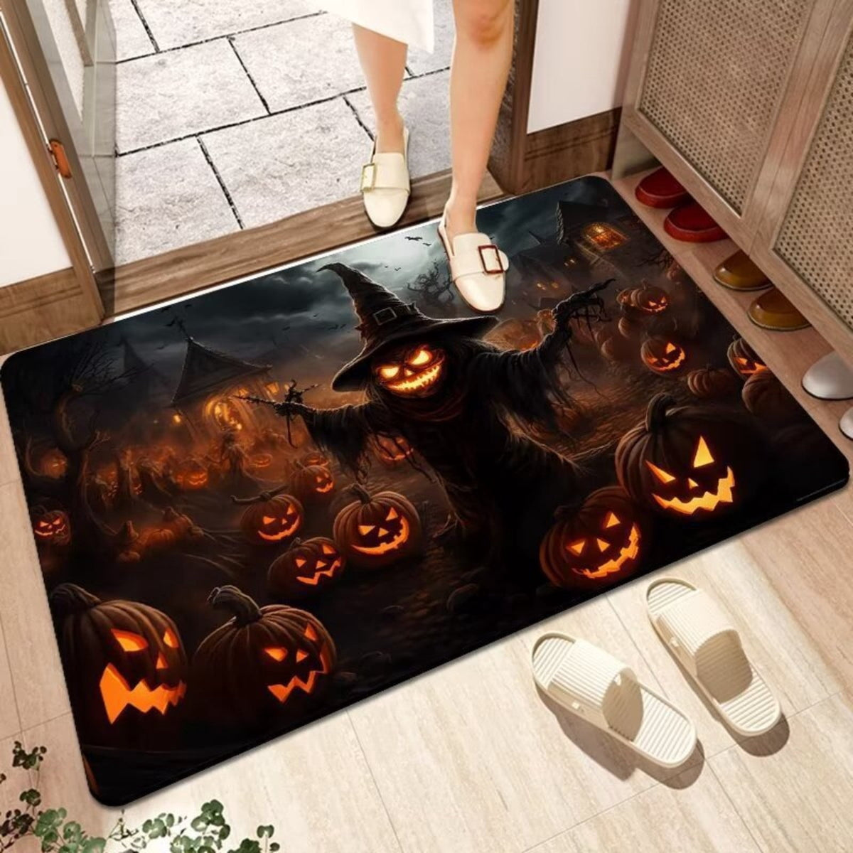 Halloween Themed Doormat Entryway Rug, Spooky Pumpkin Front Door Mat for Trick or Treaters, Non Slip Washable Mat for Indoor and Outdoor, Festive Halloween Floor Decoration for Home