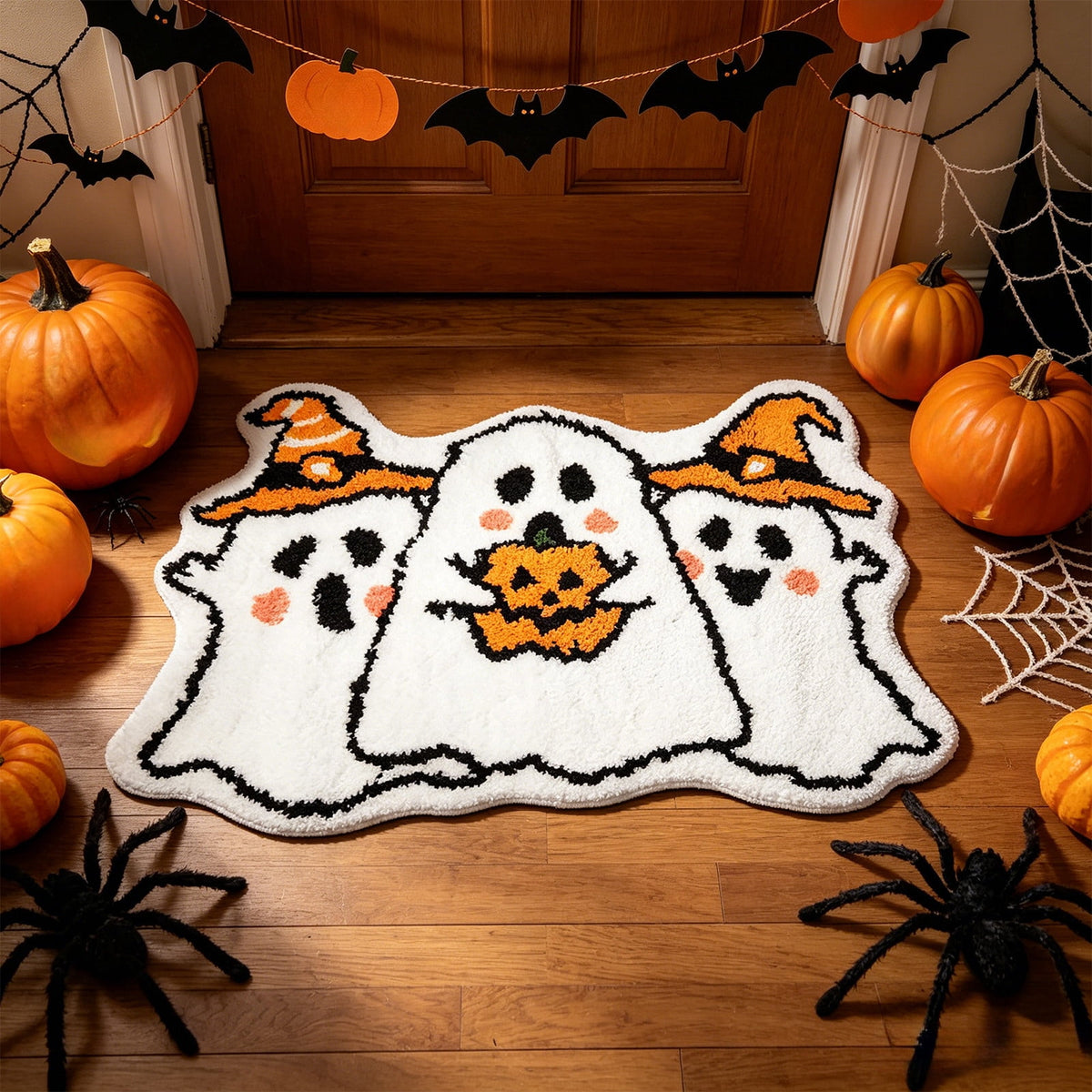 Halloween Wreath Shaped Rugs, Soft Indoor Mat for Entryway, Kitchen, Halloween Party, Pumpkin Witch Spooky Home Decor, 23.62x15.75 Inches