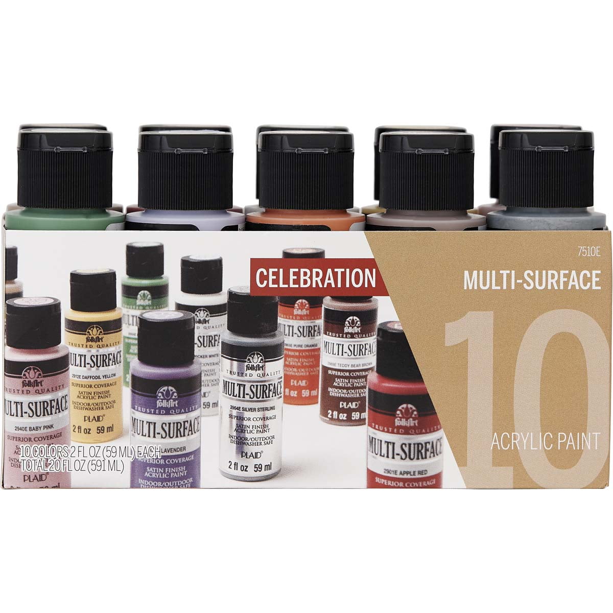 FolkArt Celebration Multi-Surface Acrylic Craft Paint Set, 10 Pieces, 20 fl oz