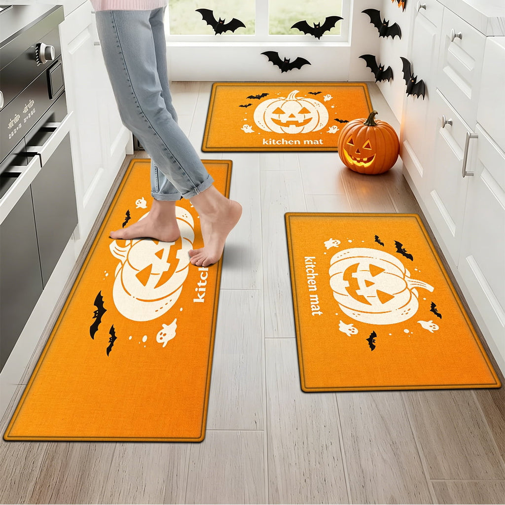 YIMEIS Halloween White Pumpkin Multi-purpose 3-Piece Flannel Mat and Kitchen Rugs,Soft Non-slip for Home Bedroom Bathroom