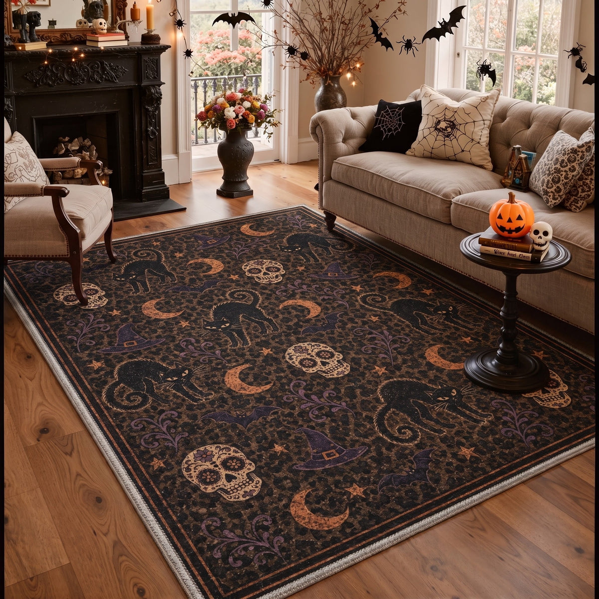GENIMO 2'x7' Halloween Runner Rug, Washable Non Slip Soft Vintage Witch Indoor Outdoor Hallway Runner for Porch Patio Kitchen Entryway, Vintage Black