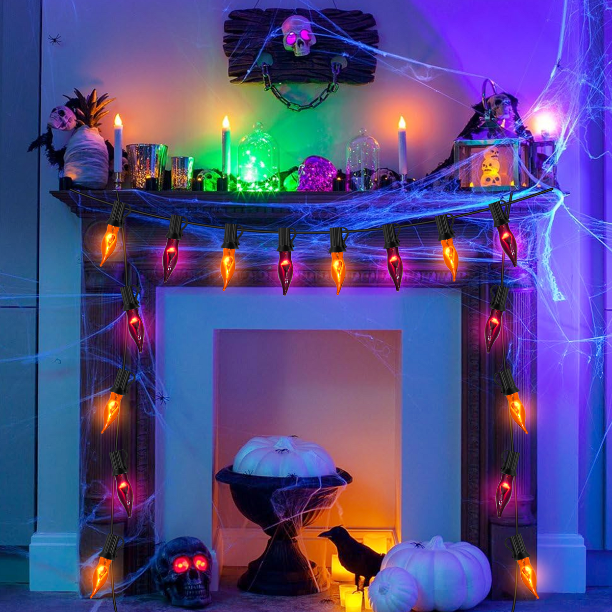 Halloween Lights Flickering Flame String Lights with 12 Pack C7 Orange Flame Light Bulbs (2 Spare), 12.8Ft Orange Flame String Lights for Indoor Outdoor Home Party Yard Halloween Decorations