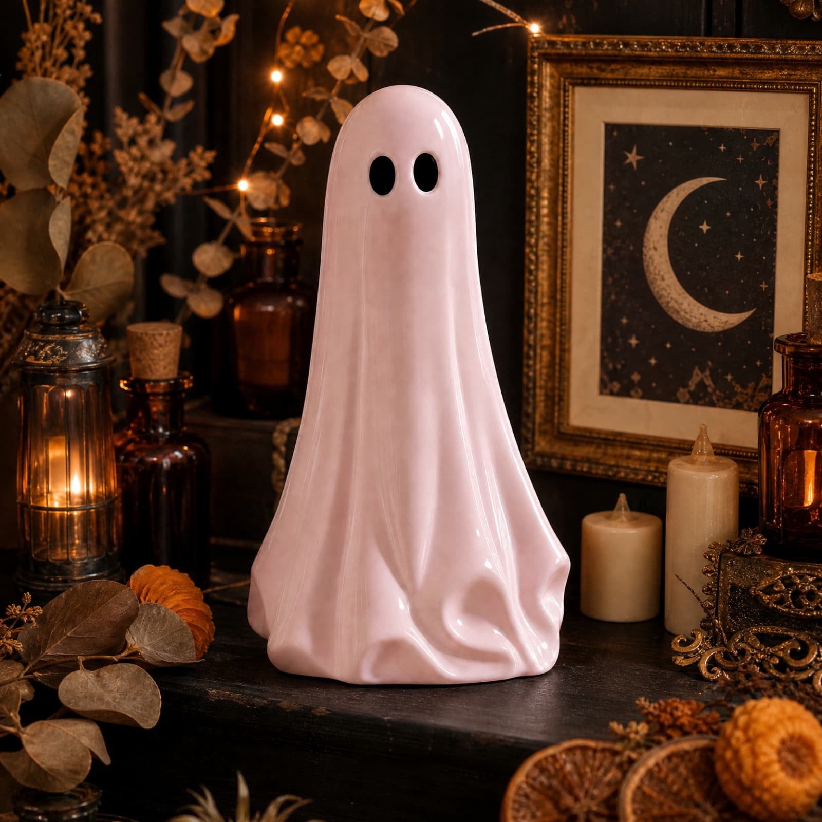Pink Halloween Decor Ghost Candy Bowl Figurine with Bow and Scalloped Holder for Indoor Tabletop Decor and Party Favor Display