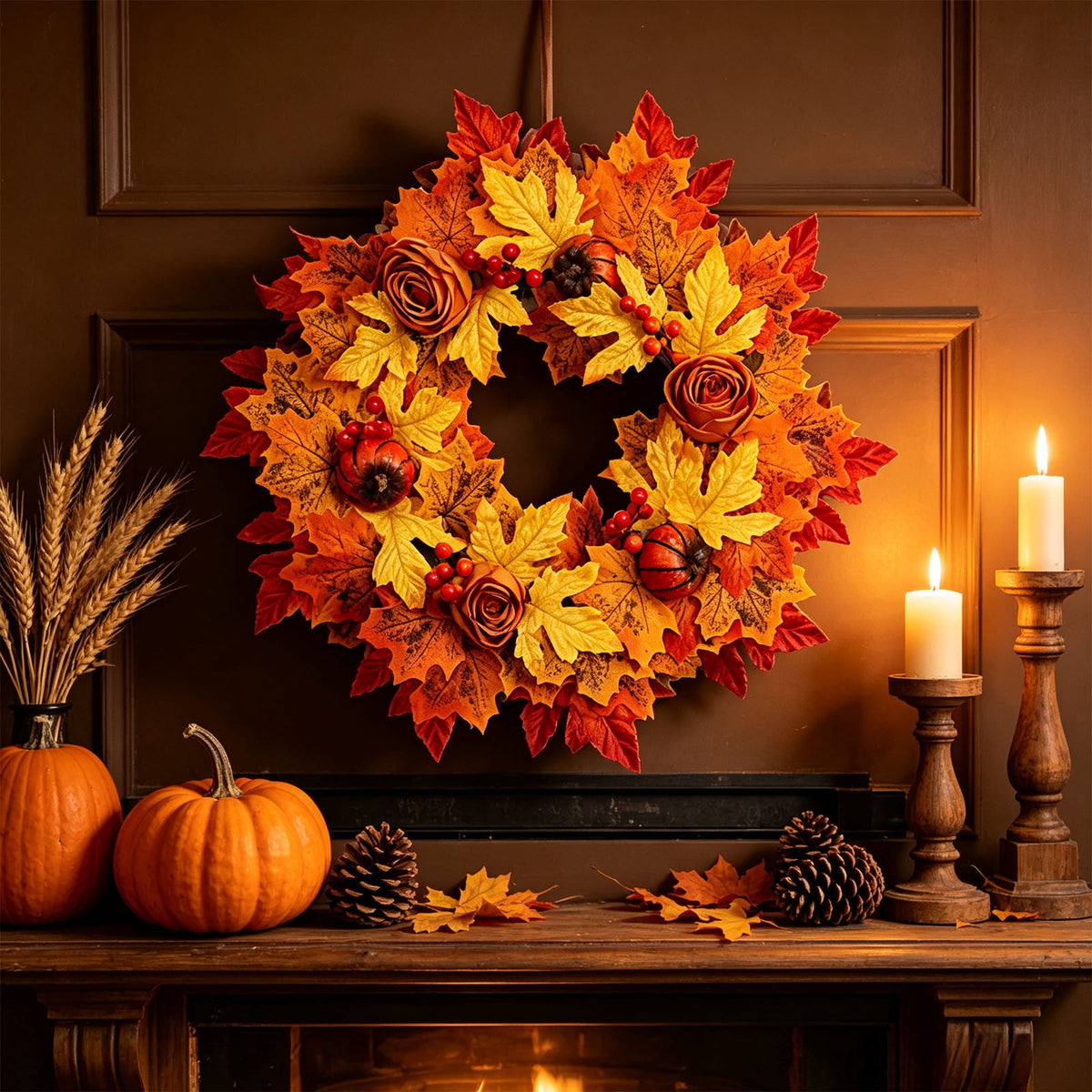 HOARBOEG Autumn Harvest Sunflower Wreath, Artificial Pumpkin Maple Leaf Fall Wreath for Front Door, 21.65 in Thanksgiving Wall Hanging Decor, Outdoor Indoor Harvest Decor