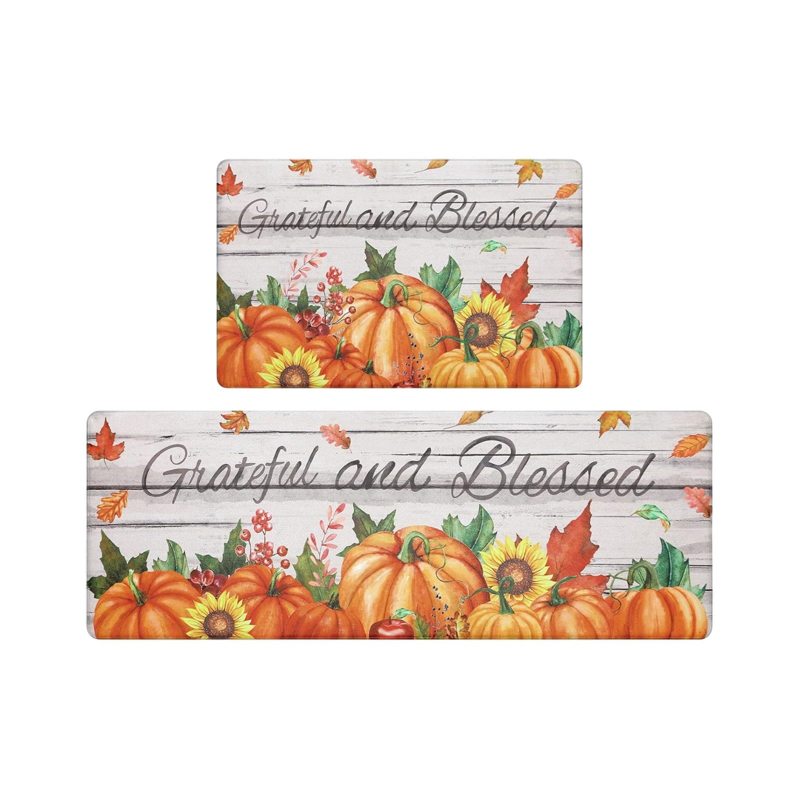 HOARBOEG Kitchen Floor Mat, Halloween Thanksgiving Fall Floor Mats 2-Piece Set - Non-Slip Pumpkin Maple Leaf Decor Rug for Bathroom Kitchen Porch Entrance, Holiday Home Decor