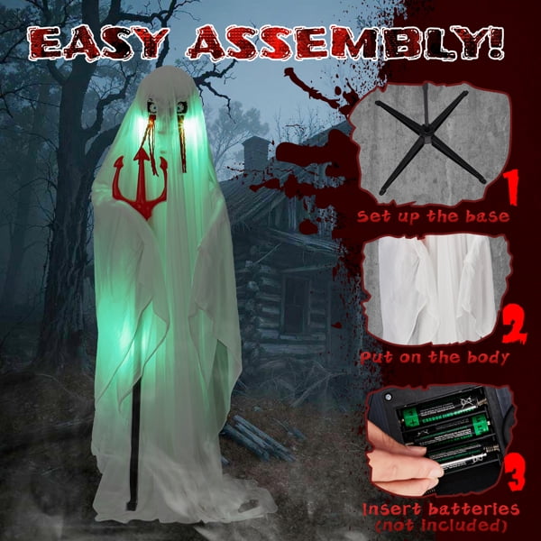 Alvantor Halloween Animated Decorations - 4.3 FT Sound-Activated Ghost with Trident, Green LED Lights and Creepy Sounds