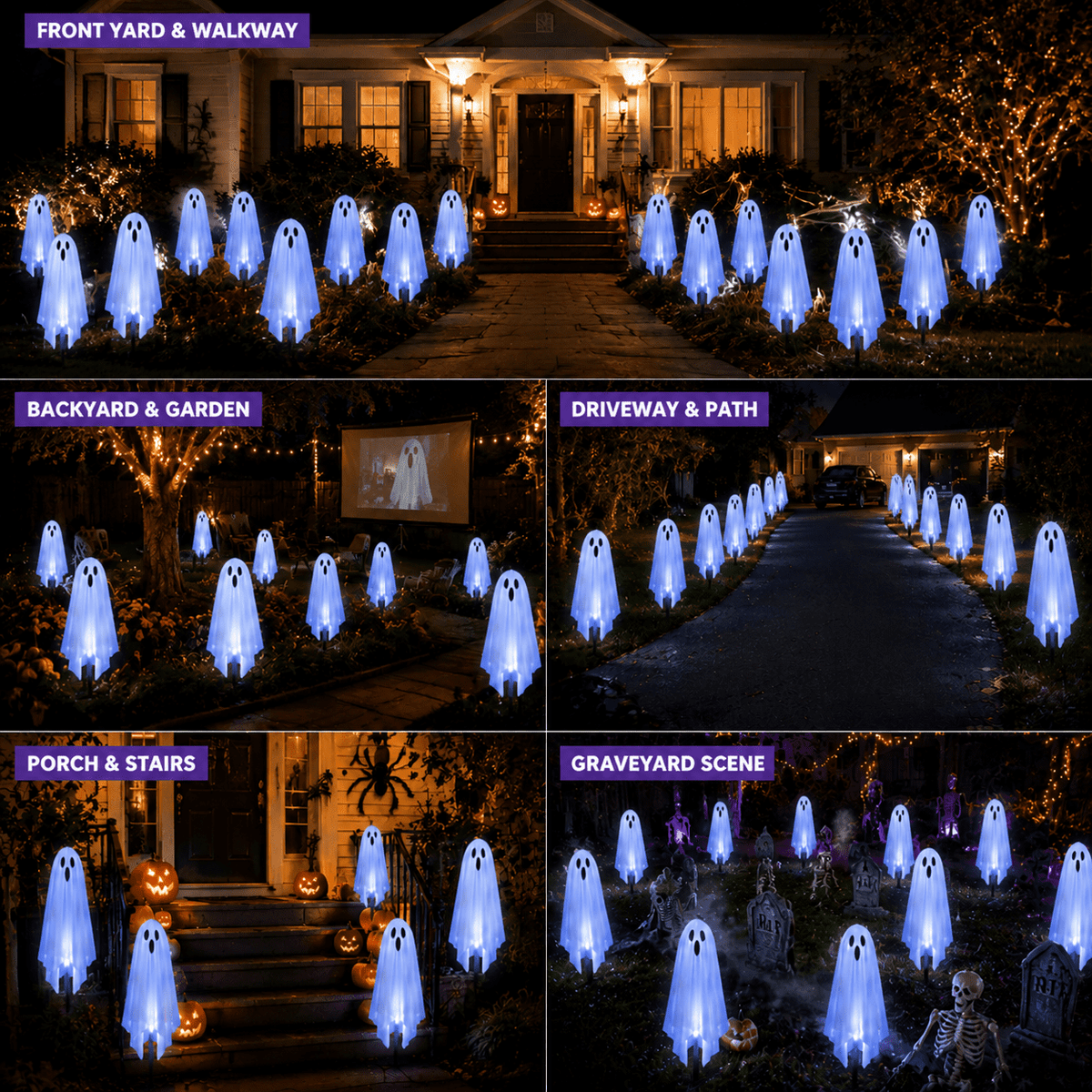 6 Pack Solar Halloween Ghost String Stake Lights, White LED Pathway Lights with 8 Lighting Modes, Waterproof Outdoor Halloween Decor for Garden Yard Lawn Walkway Graveyard Decor
