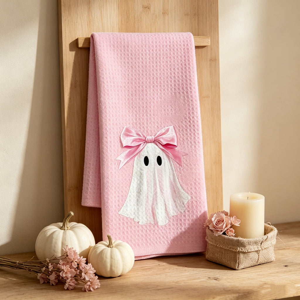 Pink Halloween Decor Ghost Candy Bowl Figurine with Bow and Scalloped Holder for Indoor Tabletop Decor and Party Favor Display