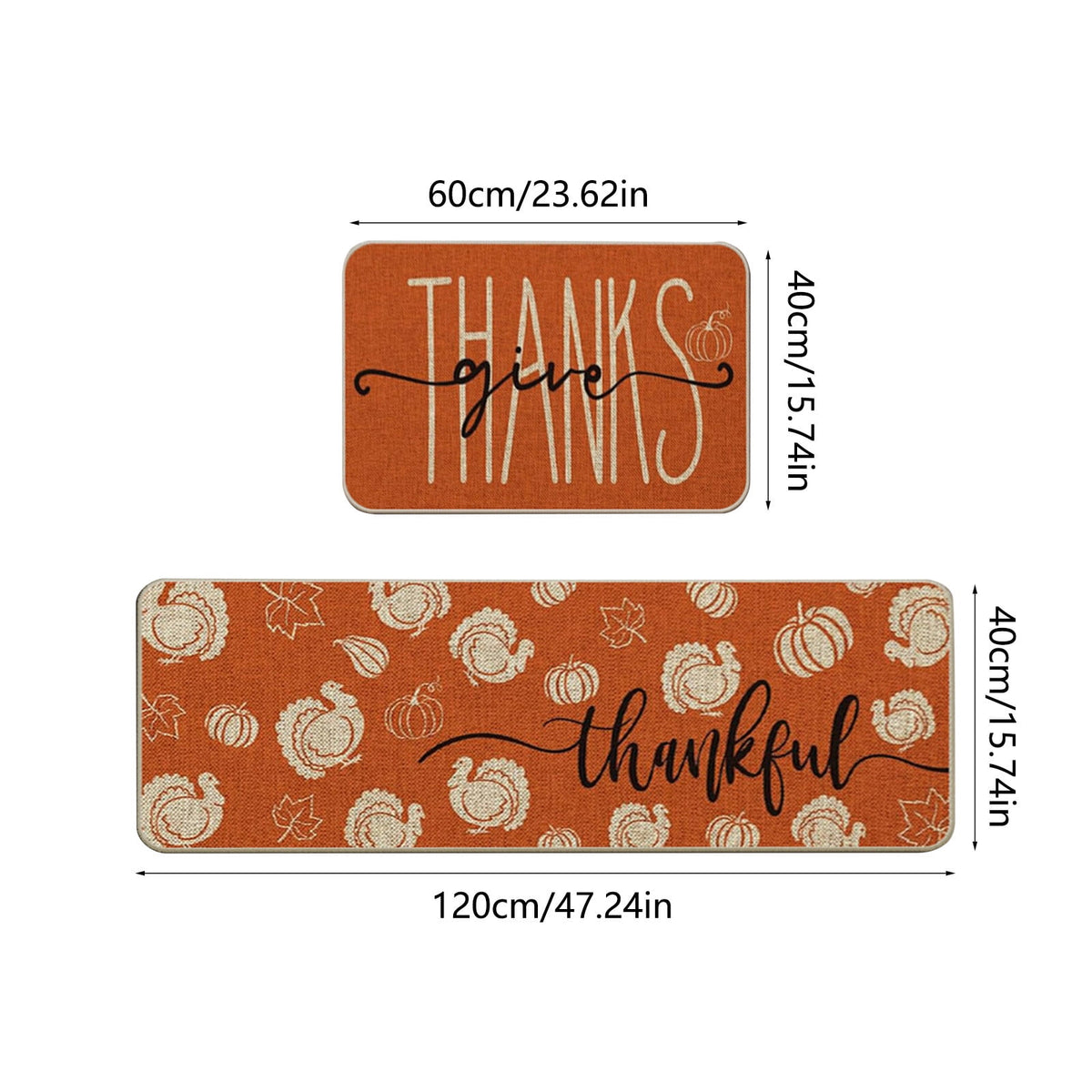 Decorative Kitchen Floor Mats Set of Two, Fall Theme Pumpkin Turkey Pattern Kitchen Rugs and Mats for Outdoor Indoor Kitchen Decor Halloween Thanksgiving Non-Slip Doormat