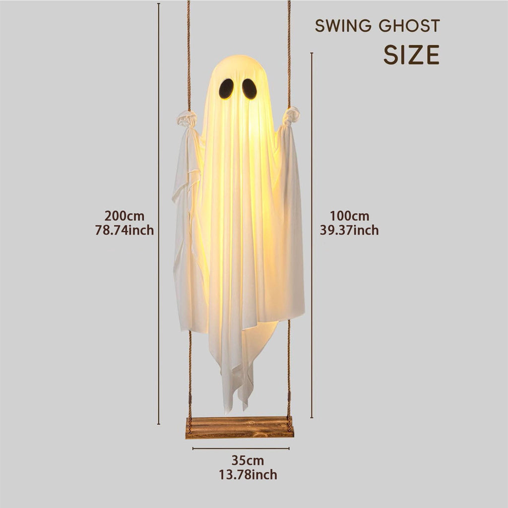 Cloth Hanging Swing Ghost Halloween Outdoor Decor,Remote Controlled LED Lighted Floating Ghost Ornament With 8 Lighting Modes For Porch Tree Yard Seasonal Holiday Display,Total Length 120.4 in.A