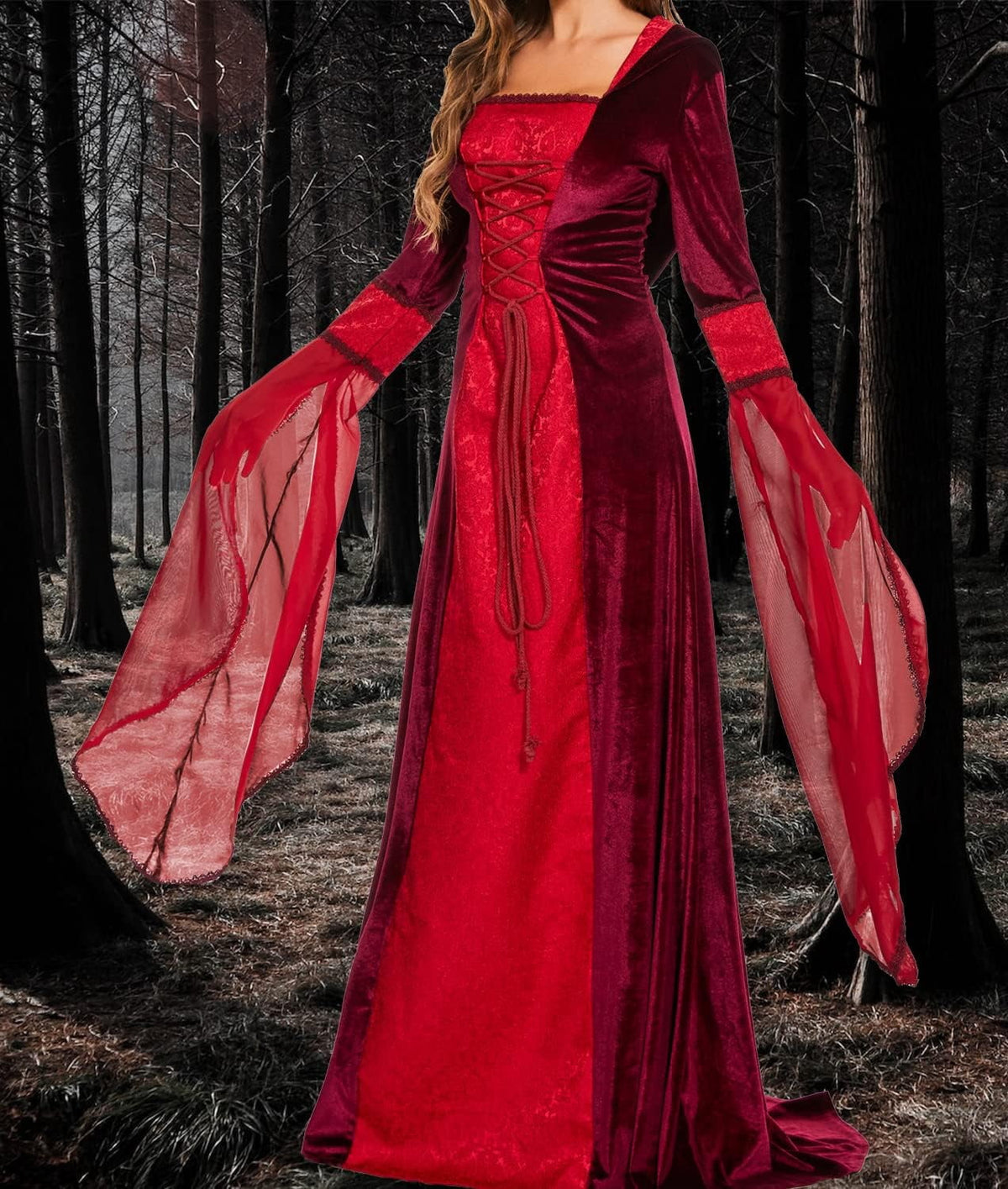 Halloween Witch Costume Women, Deluxe Witch Dress Costume, Vintage Embroidered Renaissance Gothic Hooded Vampire Gown Dress Cosplay Costumes Red S