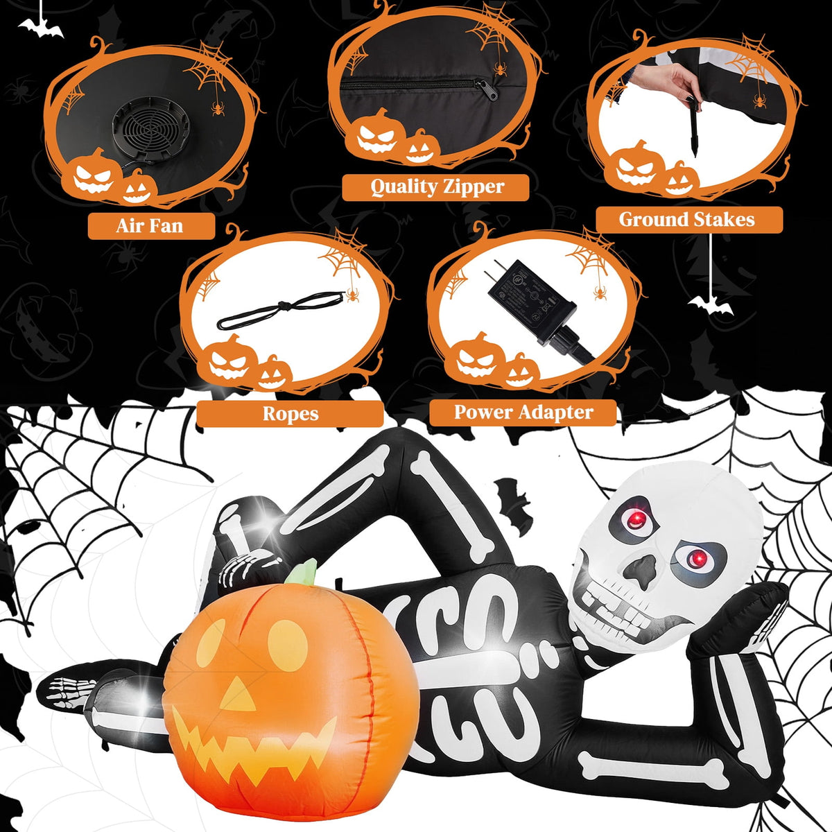 7ft Halloween Inflatable Lying Skeleton with 7 LED Lights for Lawn Decor