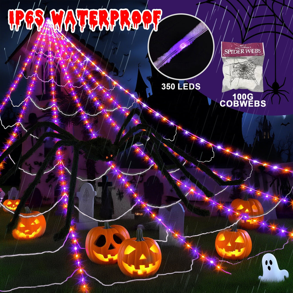 Scidweet Halloween Decorations Outdoor, 350 LED Halloween Spider Web Lights with 79" Giant Spider for Home Garden Yard Decor