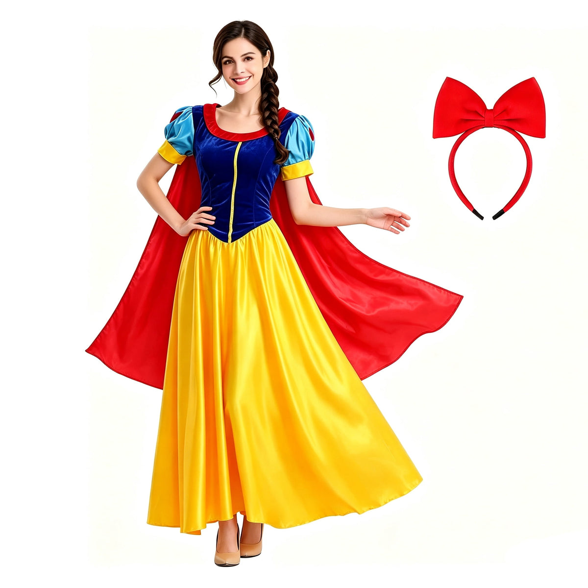 Snow Princess Dress for Women Halloween Fairytale Costume with headband , Size S-2XL