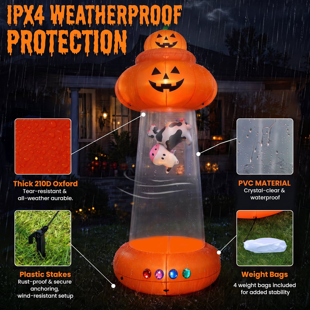 BSHAPPLUS® 9 FT Halloween Pumpkin UFO Inflatable,Walk-in Inflatable Yard Decor with Levitating Cow,Built-in LED Lights,Outdoor Blow up Decor for Lawn Garden Party,19.7ft Extra-Long Power Cord
