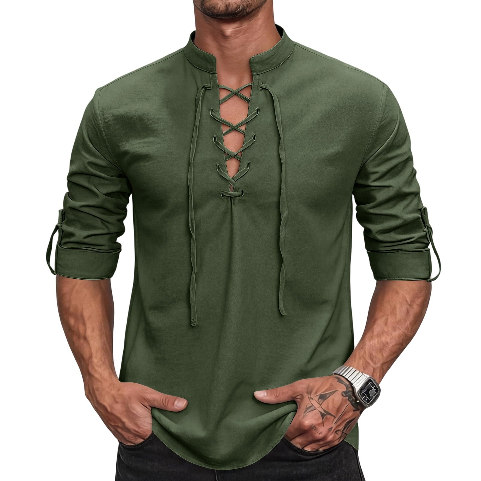 Mens Renaissance Shirt Medieval Pirate Viking Halloween Costume Gothic Steampunk Retro Long Sleeve Lace Up Shirts