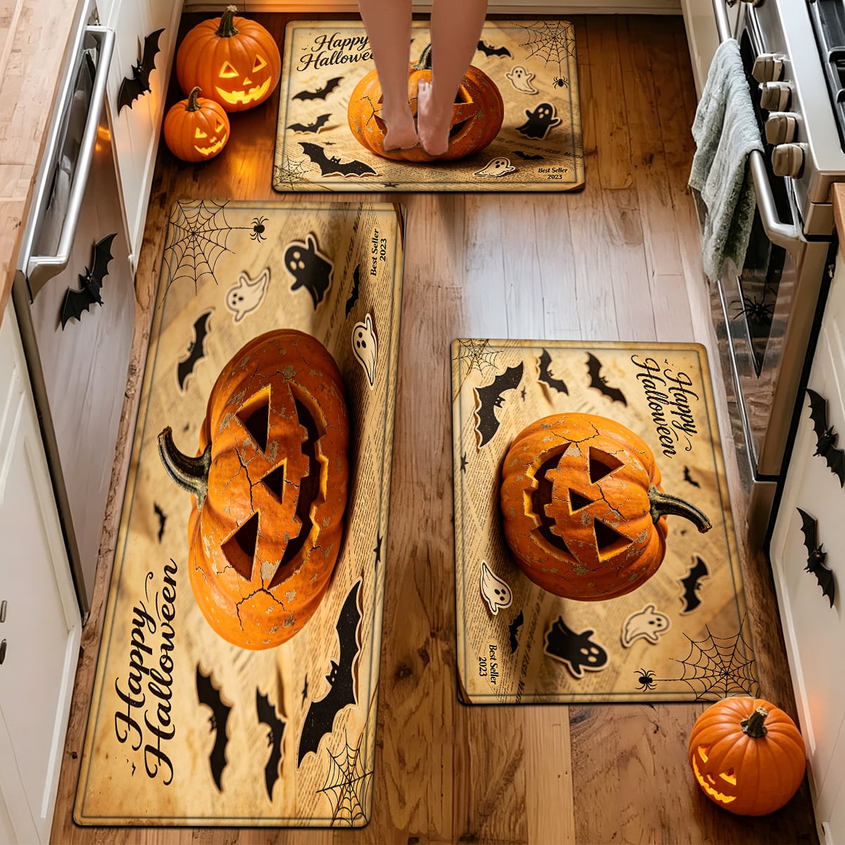 YIMEIS Halloween Neon Pumpkin Lanterns 3Pcs Flannel Mat & Kitchen Rugs Set,Soft Non-slip,16''×24'' 20''×30'' 17''×47'' Inches,for Entryway Bathroom