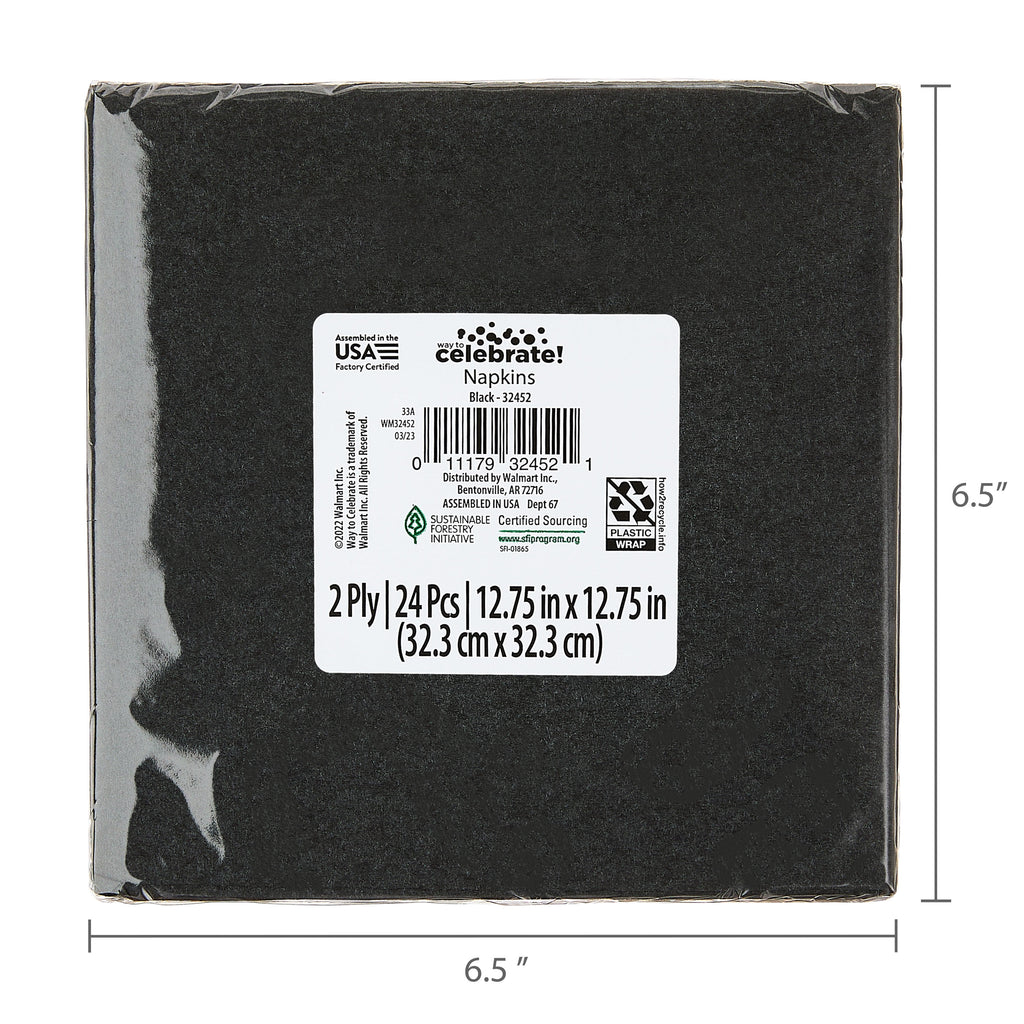 Way To Celebrate Disposable Paper Party Napkins, Black, 6.5 in x 6.5 in, 24 Count
