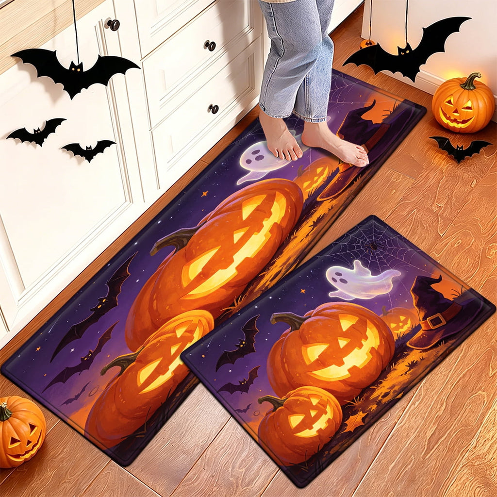 YIMEIS Halloween Pumpkin Lantern 3Pcs Flannel Mat & Kitchen Rugs Set,16''×24'' 20''×30'' 17''×47'' Inches,Soft Non-slip for Home Bathroom