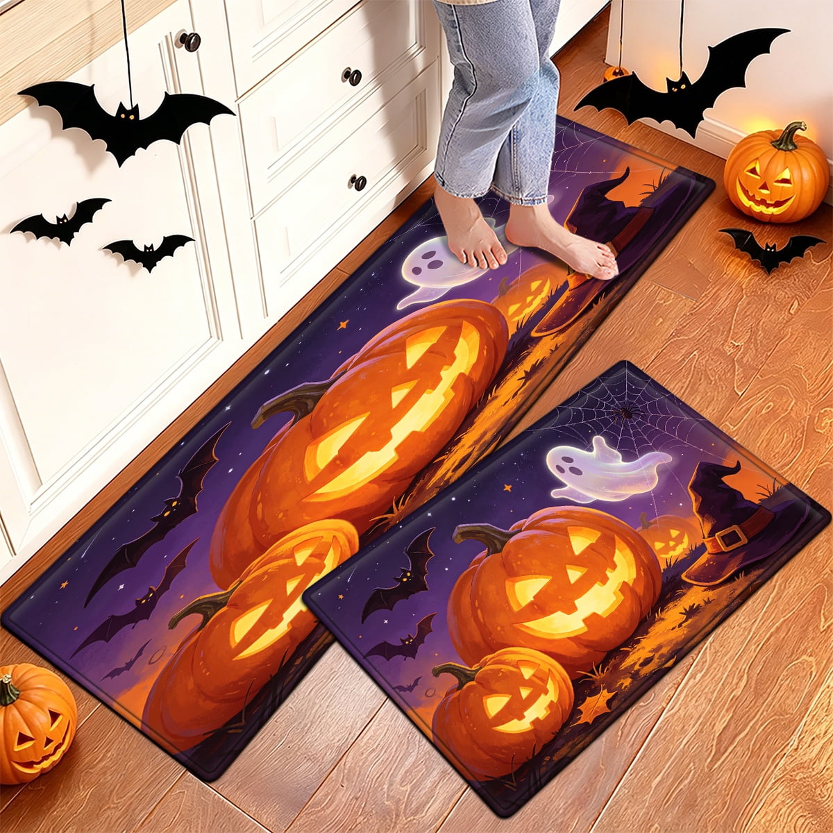 YIMEIS Halloween Pumpkin Lantern 3Pcs Flannel Mat & Kitchen Rugs Set,16''×24'' 20''×30'' 17''×47'' Inches,Soft Non-slip for Home Bathroom