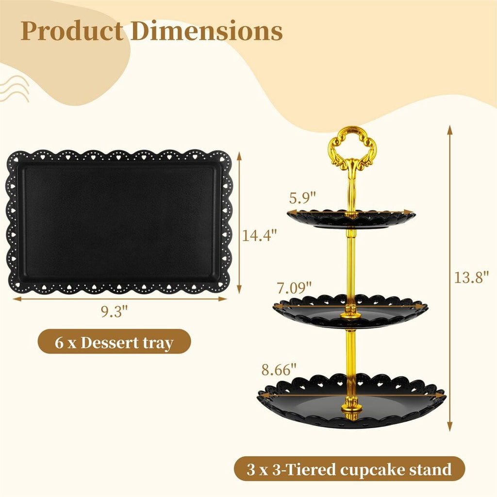 9 Pcs Dessert Table Display Set, 3 Pcs 3-Tiered Cupcake Stands & 6 Pcs Square Dessert Serving Trays, Elegant Cake Stands Fruit Trays for Birthday, Wedding, Tea Party, Halloween