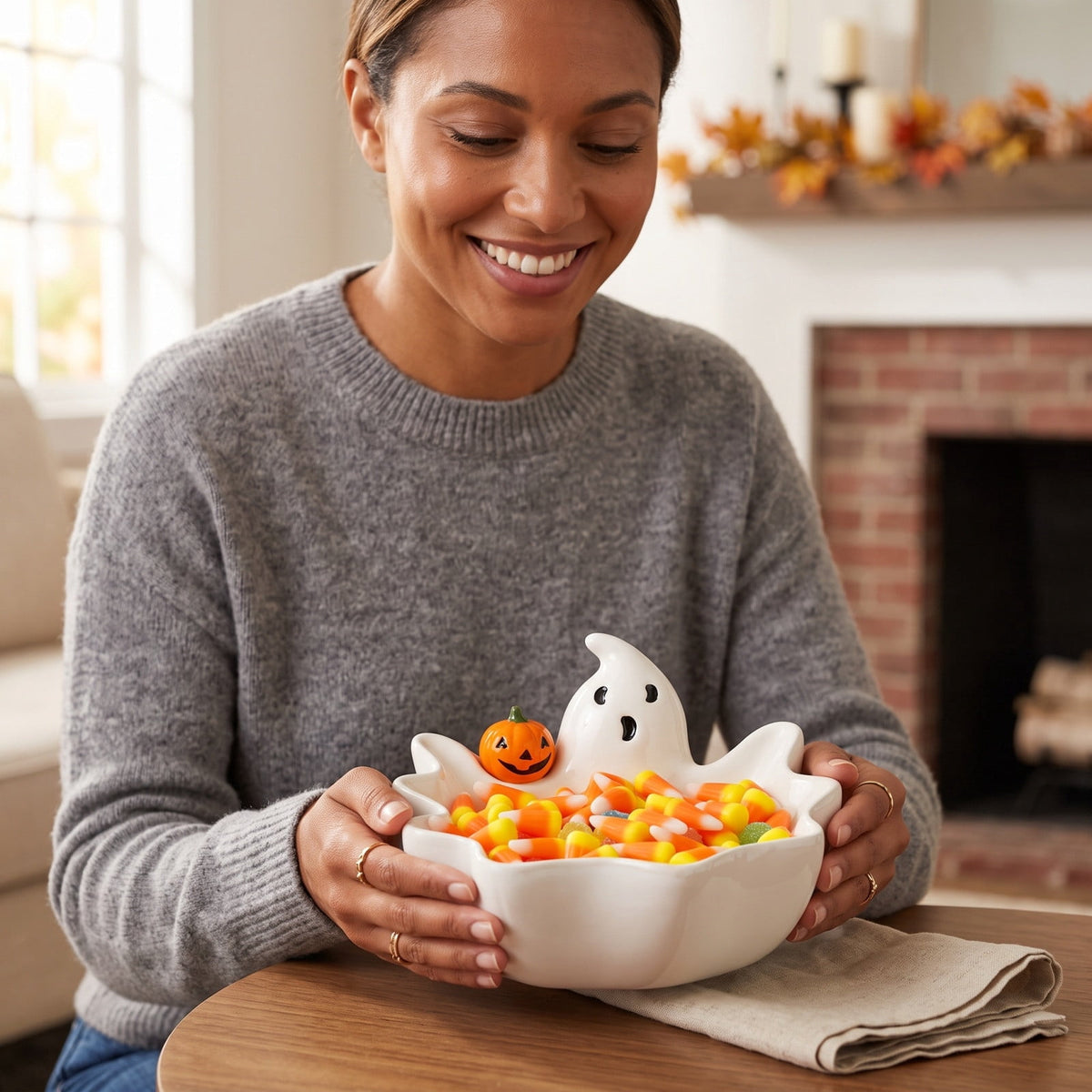 Diceymbol Halloween Pumpkin Snack Bowl Stand Collapsible Broomstick Candy Tray for Cupcakes & Desserts, Resin Serving Platter with Ceramic Pumpkin Bowls