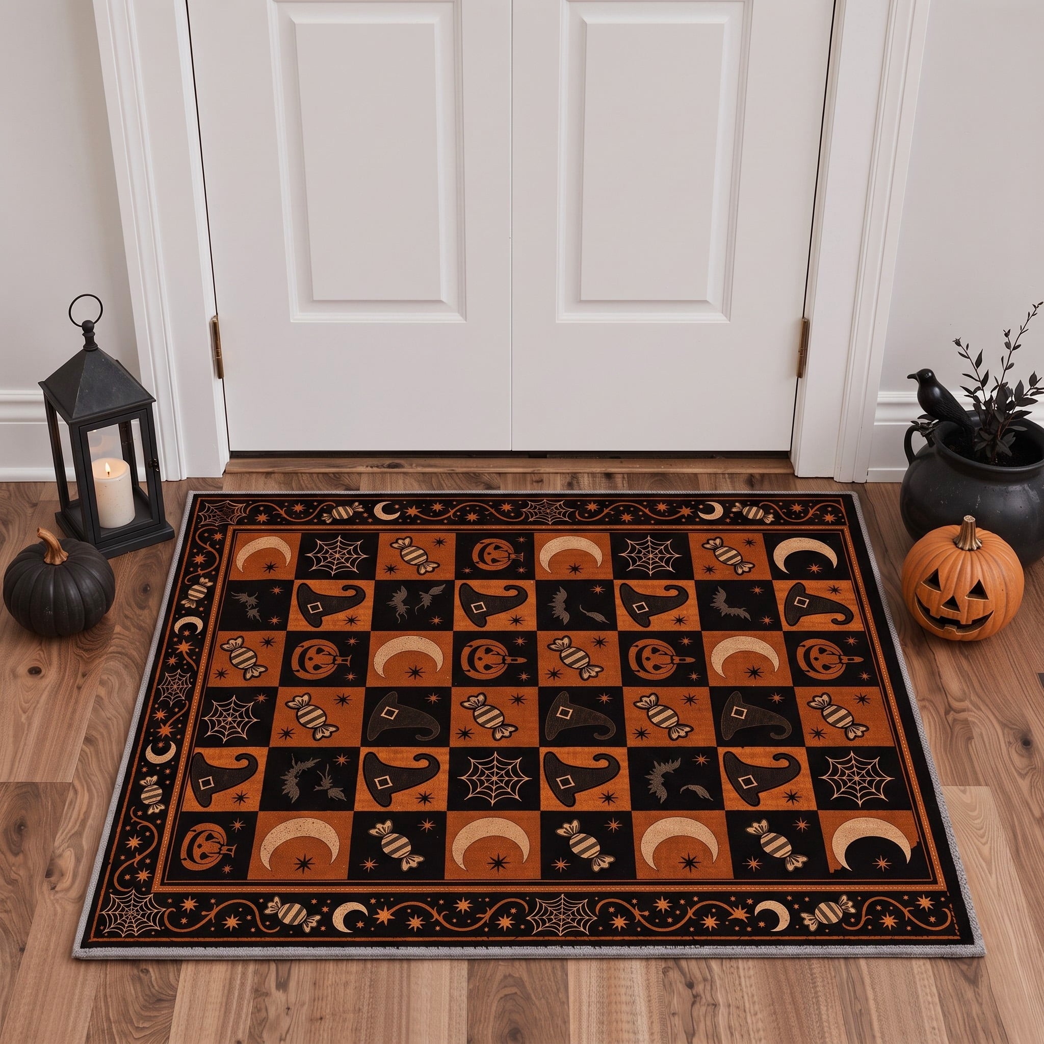GENIMO 2'x7' Halloween Runner Rug, Washable Non Slip Soft Vintage Witch Indoor Outdoor Hallway Runner for Porch Patio Kitchen Entryway, Vintage Black