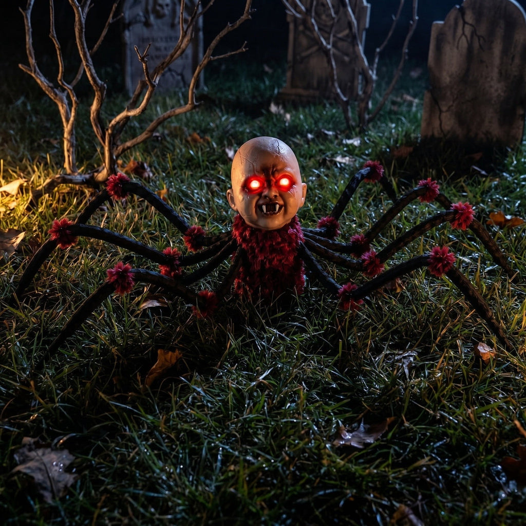 Halloween Animated Creepy Baby Head Spider Prop, Sound & Touch Activated Walking Halloween Decoration with Flashing Red Eyes, Scary Sound Effects, Indoor Outdoor Decor