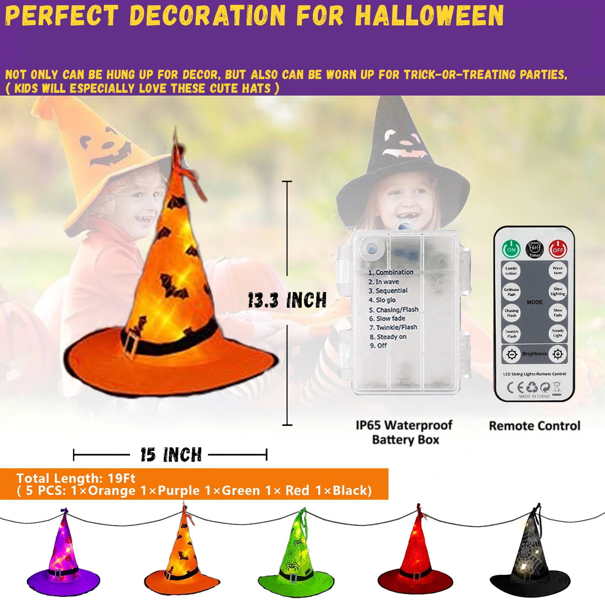 ZOEYKIMLO Halloween Witch Hat Lights Decorations Outdoor, Upgraded 5pcs Hanging Glowing Witch String Lights with 8 Modes, Waterproof Halloween Light for Outdoor, Garden, Party Decor