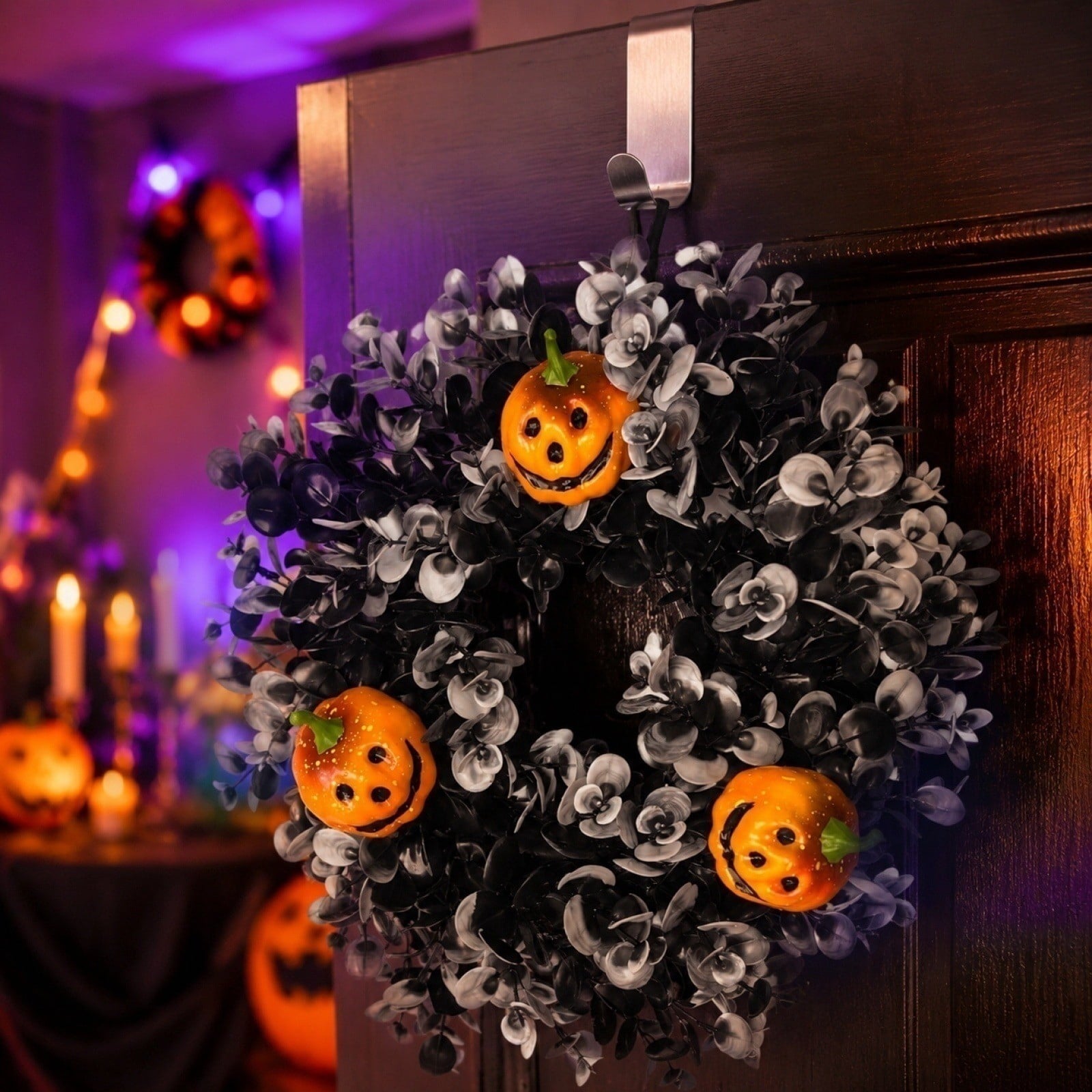 Boovnll Halloween Wreath, 18" Horror & Novelty Handmade Black Twig Glitter Bats Halloween Wreaths for Front Door Fireplace Wall Porch Party Decor, Halloween Decorations