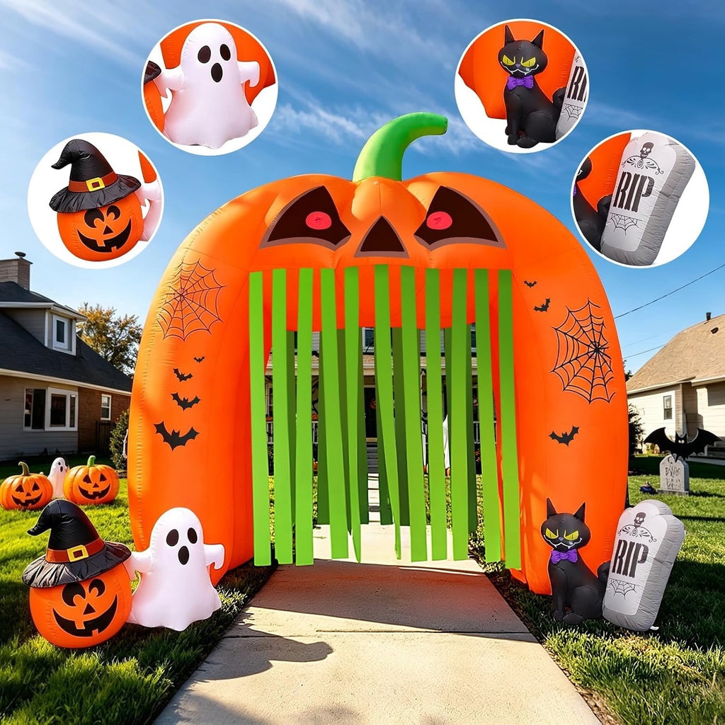 Kalolary 12FT Halloween Inflatable Pumpkin Tunnel Archway, Walk-Through Haunted House with Ghost, Cat & Tombstone for Outdoor Yard Decoration