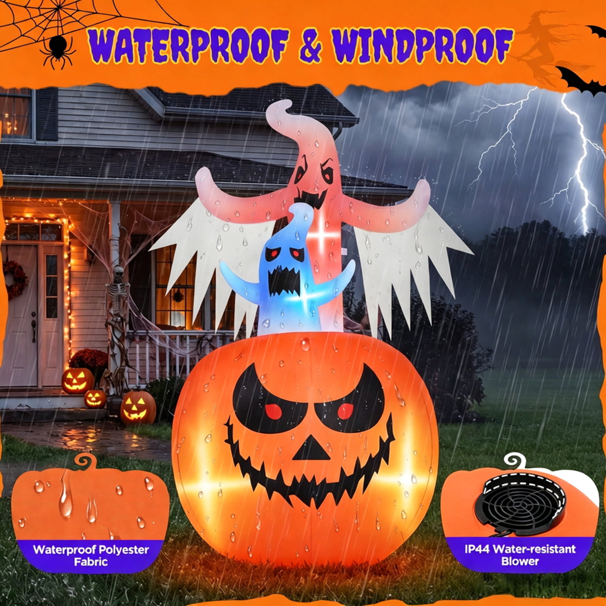 Firstness 6ft Tall Halloween Inflatable,Ghosts Pumpkin with Colorful Flashing Lights,Blow ups Halloween Outdoor Decorations