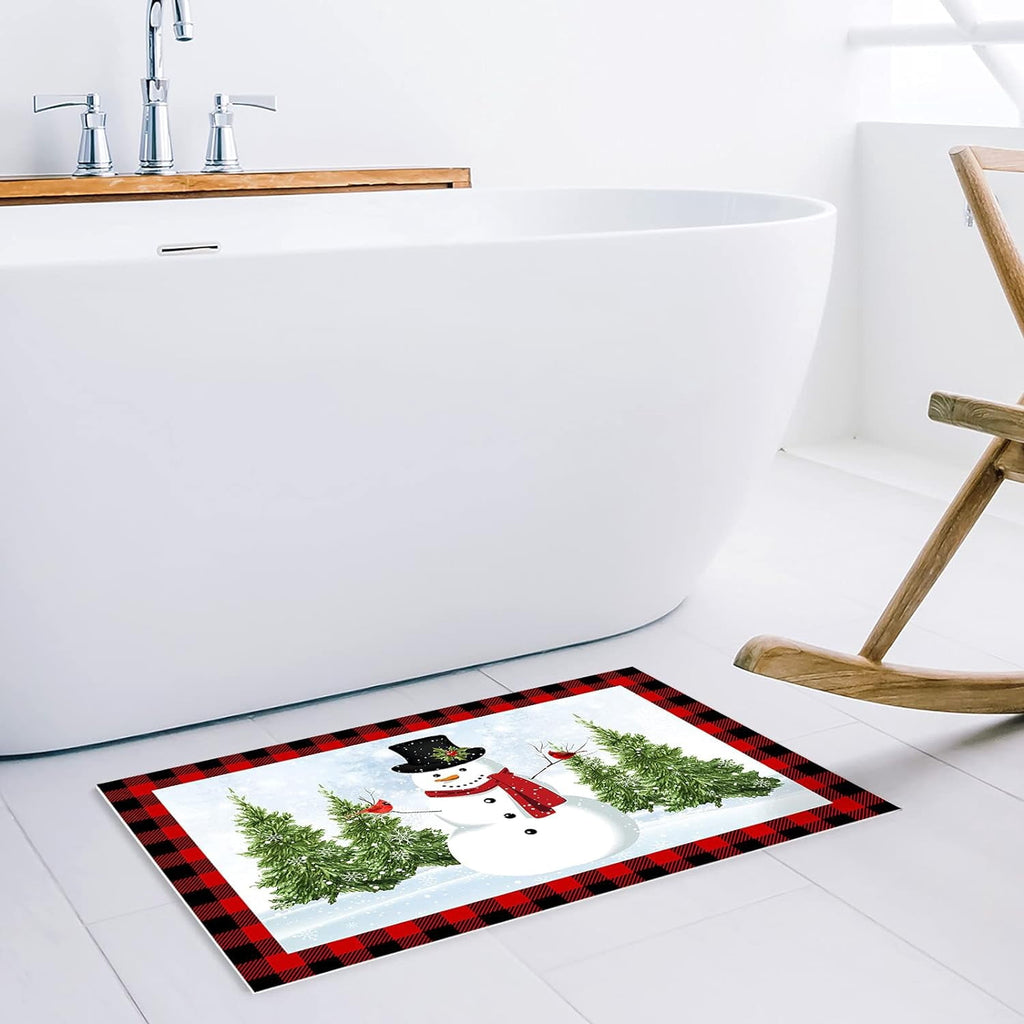 Christmas Snowman Trees Entrance Door Mat, Red Plaid Low Profile Tradition Christmas Decor Welcome Doormat, Non-Slip Carpet Rugs Floor Mat Decorative for Home/Bathroom/Kitchen - 20"x31.5"